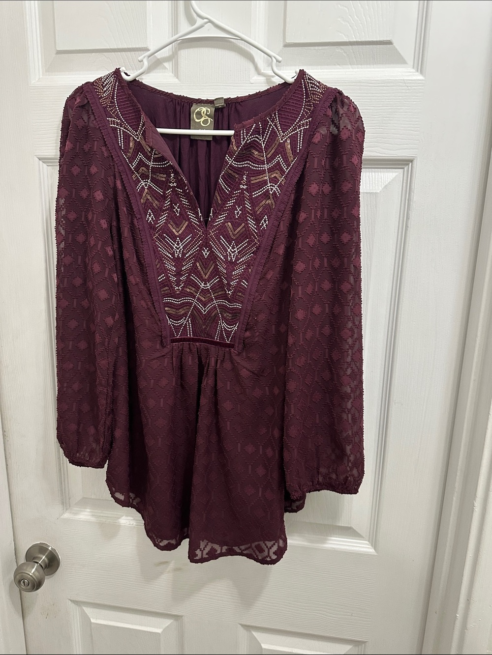 Embroidered V-Neck Lace Tunic Top - Deep Wine